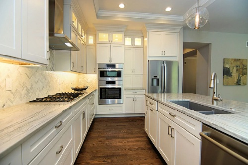 simple white kitchen remodel with white countertops and double oven gallery thumbnail-1